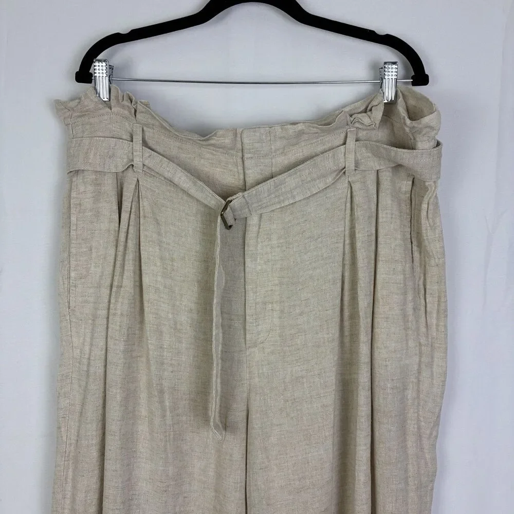 Banana Republic Linen Blend Pants Sz 18 Wide Leg Belted Coastal Paper Bag Waist